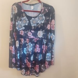 Floral Long-Sleeve Peplum Top - Black with Pink & Blue Flowers